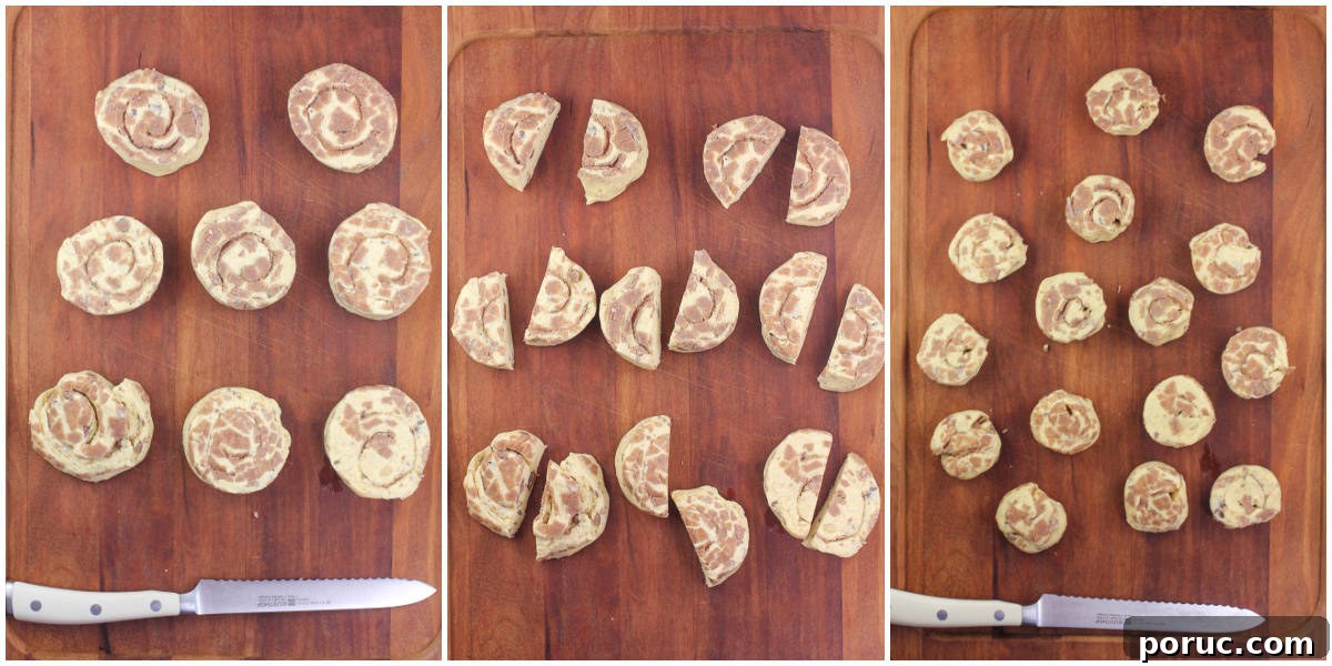 Cinnamon Roll Pig in a Blanket Bites: Sweet Savory Appetizer 5 collage of 3 photos: dough from package; each dough piece cut in half; half piece of dough formed into new disk