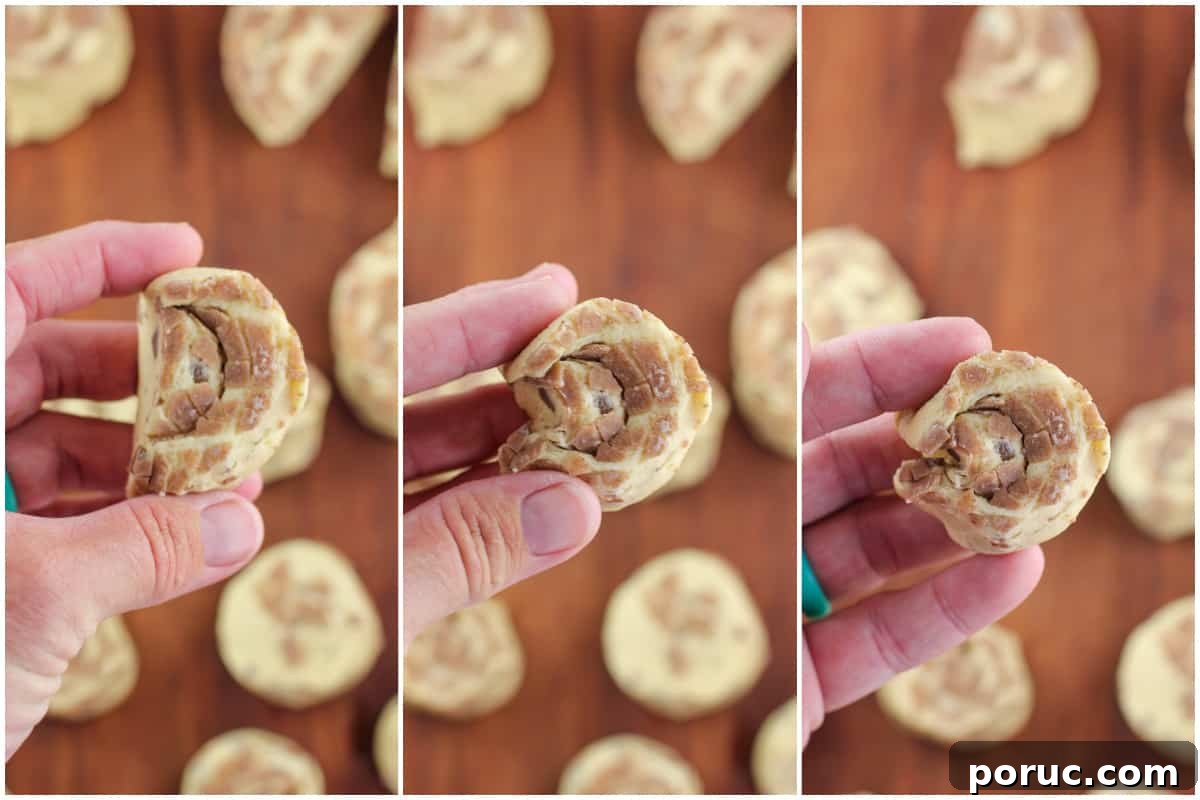 Cinnamon Roll Pig in a Blanket Bites: Sweet Savory Appetizer 6 collage of 3 photos showing how to pinch cut dough half into a new dough disk