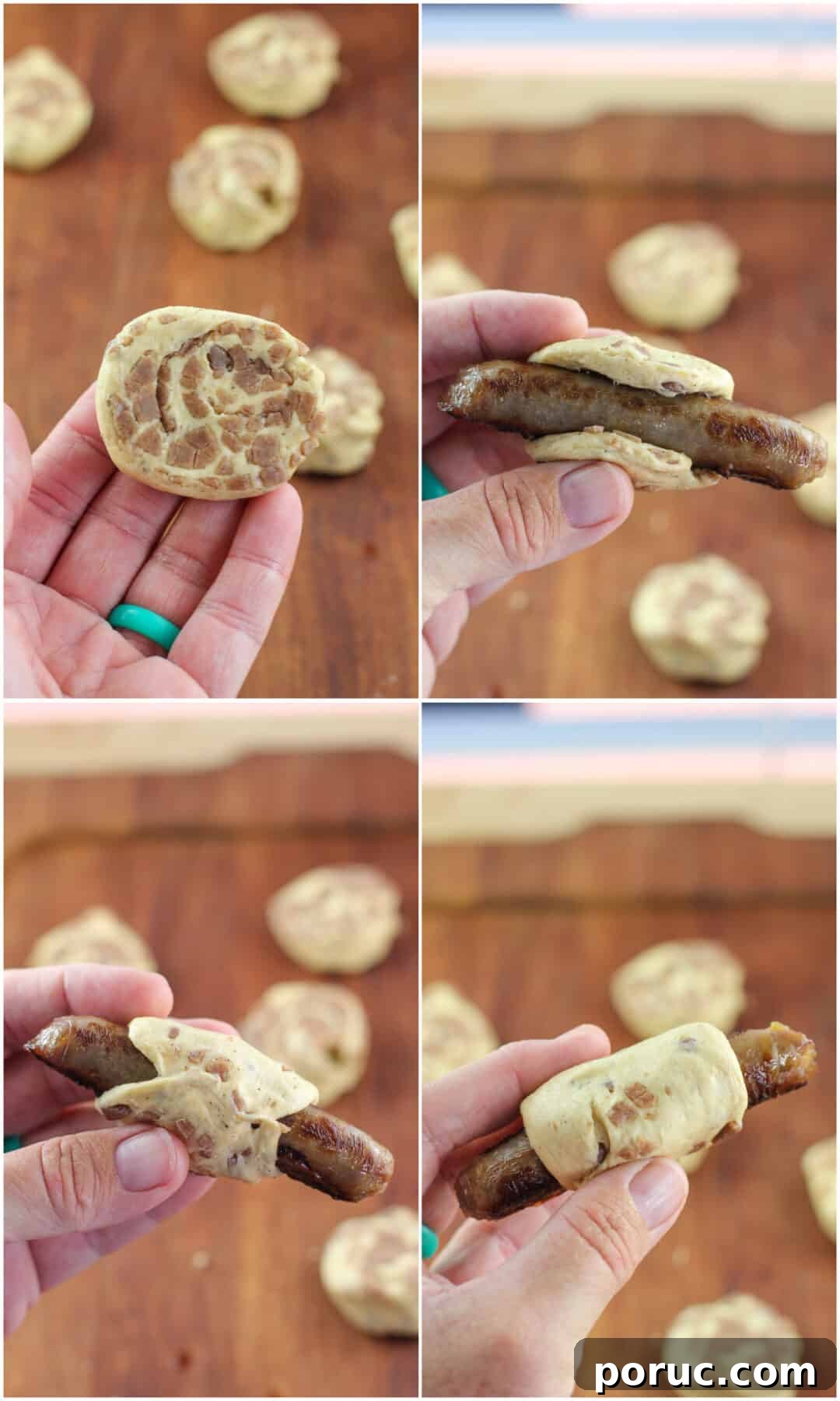 Cinnamon Roll Pig in a Blanket Bites: Sweet Savory Appetizer 7 collage of 4 photos: upper left, disk of dough; right, dough wrapping around sausage; lower left, dough sealed around sausage; right, formed pig in a blanket before cooking