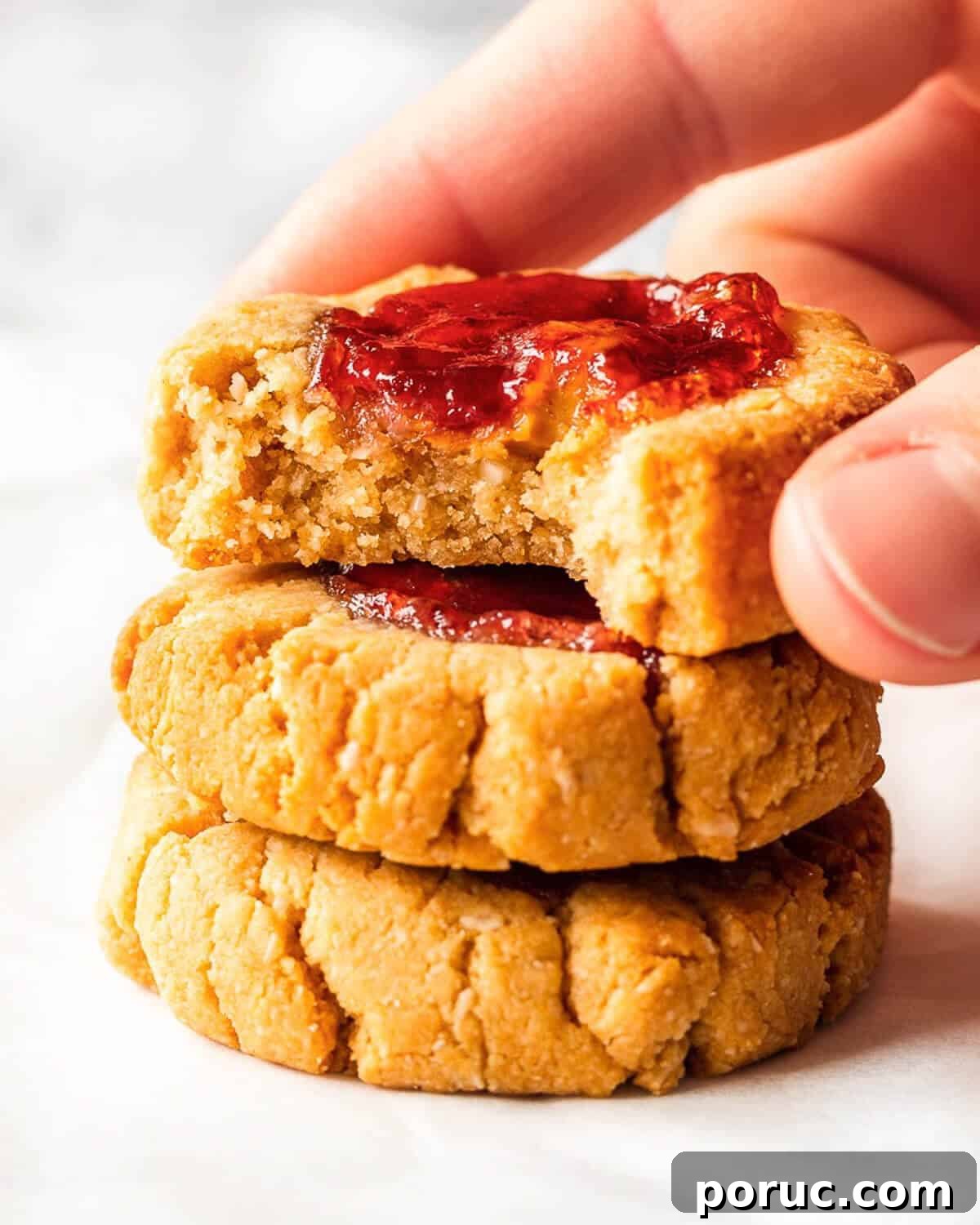 Peanut Butter and Jelly Cookies Recipe — Classic Sandwich Twist 4 Three jam thumbprint cookies stacked, with a bite revealing a soft texture.