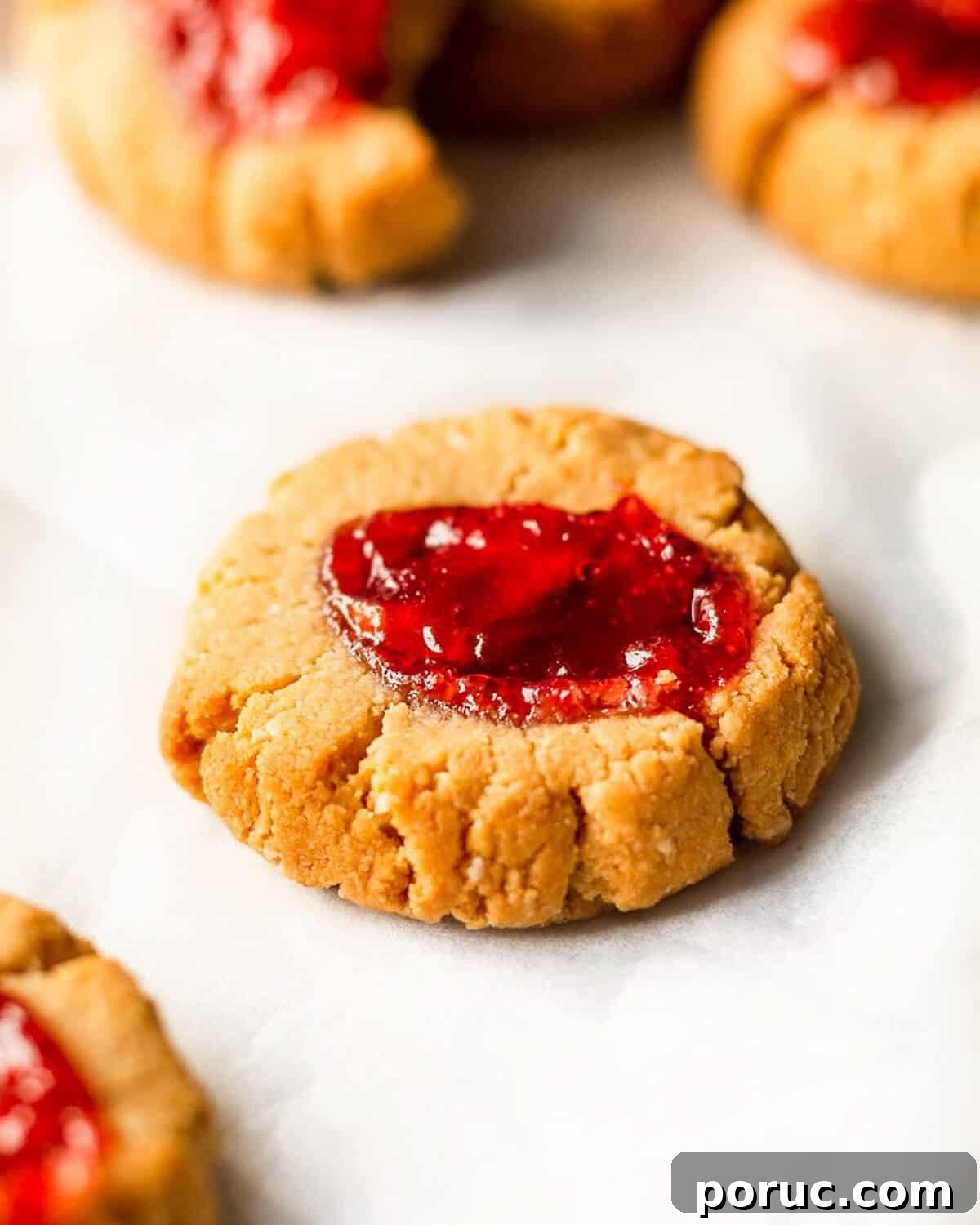 Peanut Butter and Jelly Cookies Recipe — Classic Sandwich Twist 5 A PB & J thumbprint cookie in focus with more cookies blurred in the background.