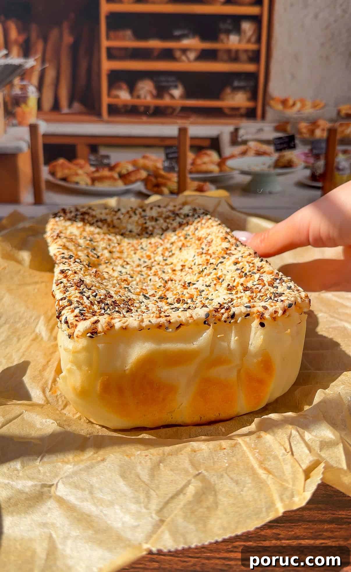 Viral Blender Rice Bread Recipe — Gluten-Free, No Flour 2 A hand holds a rectangular, seeded bread—reminiscent of the viral Blender Rice Bread—covered in sesame and poppy seeds, resting on parchment paper with a bakery display of breads and pastries in the background.