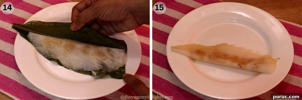 Konkani Patoleo (Patoli) Recipe: Steamed Rice Leaves Dessert 11 collage image of 2 steps showing how to remove turmeric leaf and serve patoli.