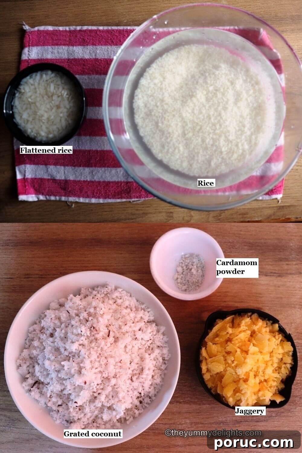 Konkani Patoleo (Patoli) Recipe: Steamed Rice Leaves Dessert 3 individually labeled ingredients to make patoli recipe are laid out on a table.