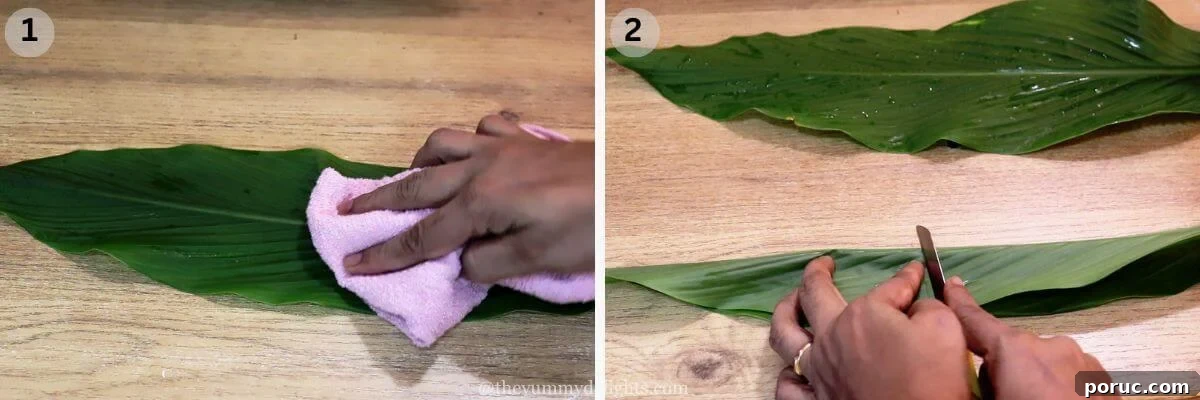 Konkani Patoleo (Patoli) Recipe: Steamed Rice Leaves Dessert 4 collage image of 2 steps showing cleaning the turmeric leaf and cutting it into half to make patoli.