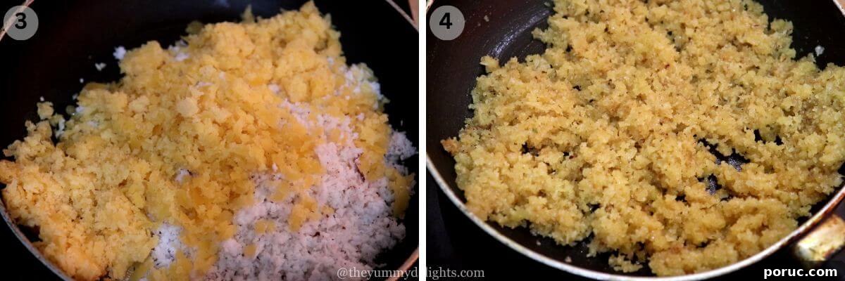 Konkani Patoleo (Patoli) Recipe: Steamed Rice Leaves Dessert 5 collage image of 2 steps showing making the coconut-jaggery stuffing for patoli.