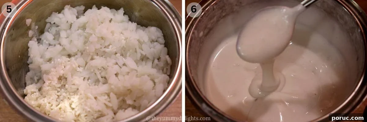 Konkani Patoleo (Patoli) Recipe: Steamed Rice Leaves Dessert 6 collage image of 2 steps showing how to make rice batter for patoli recipe.