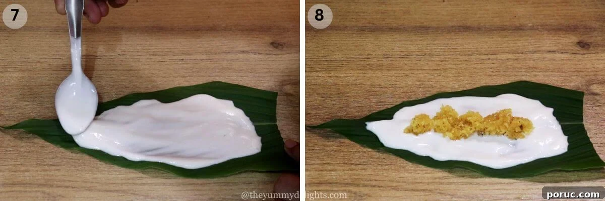 Konkani Patoleo (Patoli) Recipe: Steamed Rice Leaves Dessert 7 collage image of 2 steps showing how to make patoli. It shows spreading rice batter on turmeric leaves and adding the coconut-jaggery stuffing over it.