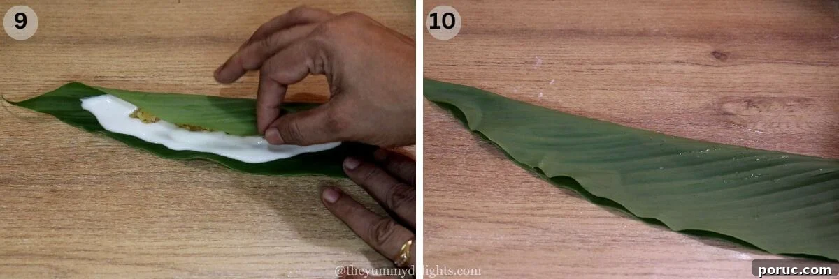 Konkani Patoleo (Patoli) Recipe: Steamed Rice Leaves Dessert 8 collage image of 2 steps showing folding the turmeric leaf after adding the stuffing for making patoli.