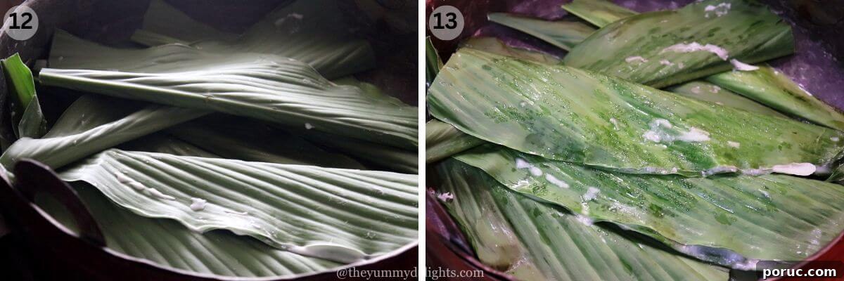 Konkani Patoleo (Patoli) Recipe: Steamed Rice Leaves Dessert 10 collage image of 2 steps showing patoli before and after steaming.