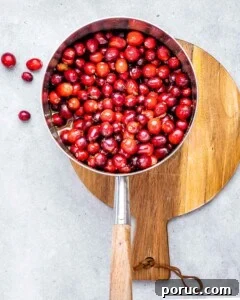 Tangy Cranberry Orange Sauce Recipe for Holidays and Leftovers 12 Cranberries in a saucepan with orange juice and maple syrup.