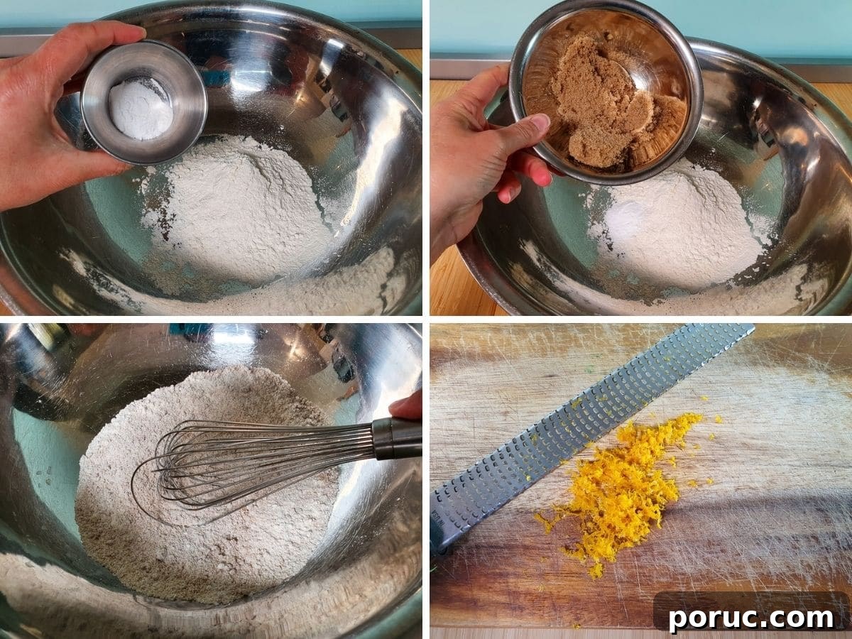Chocolate Orange Cupcakes with Zesty Orange Glaze 4 Process shots mk1 - adding baking powder, baking soda and salt to flour, adding brown sugar, mixing dry ingredients with a whisk, zesting oranges.
