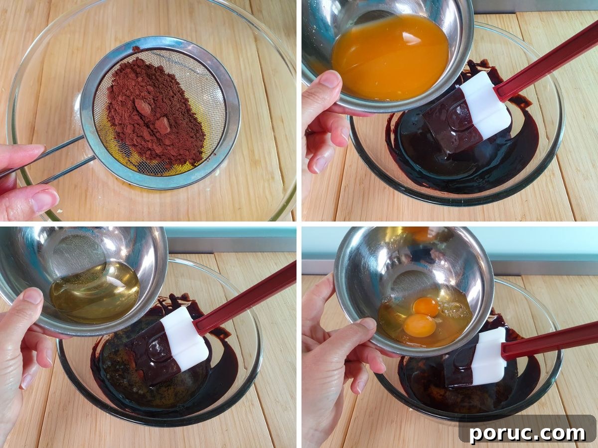 Chocolate Orange Cupcakes with Zesty Orange Glaze 5 Process shots mk2: sifting cocoa powder into melted butter, adding orange juice, adding oil, adding eggs and mixing.