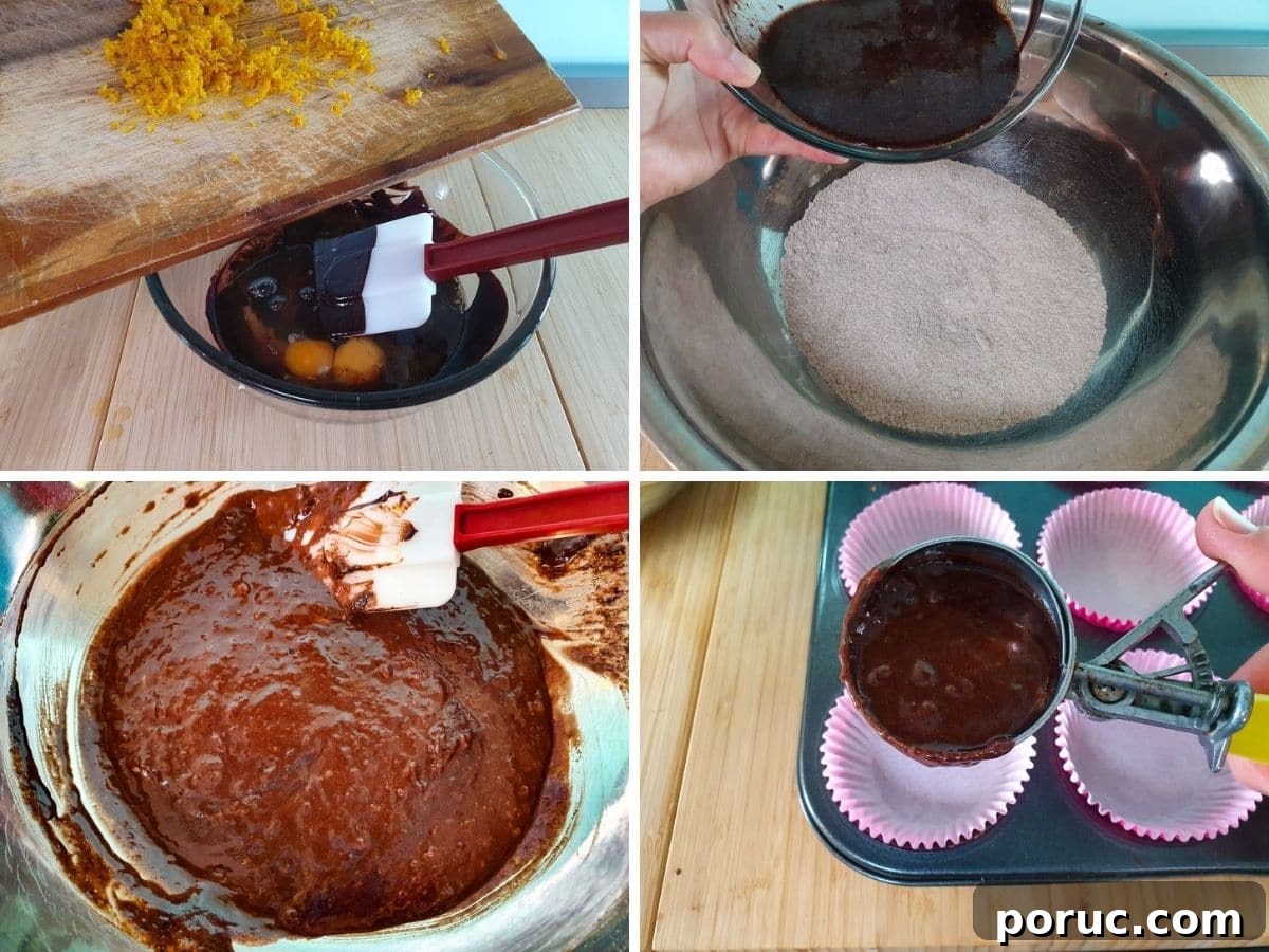Chocolate Orange Cupcakes with Zesty Orange Glaze 6 Process shots mk 3: adding orange zest to wet ingredients, adding wet ingredients to dry ingredients, gentling folding wet and dry ingredients together, ladling mix into cupcake cases with an ice cream scoop.