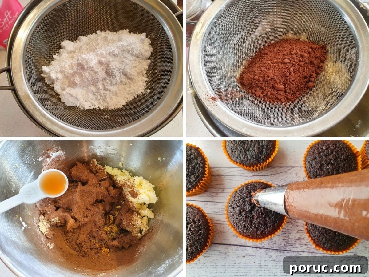 Chocolate Orange Cupcakes with Zesty Orange Glaze 7 Process shots mk4: sifting icing sugar, sifting cocoa powder, adding vanilla extract and orange zest, piping frosting onto cupcakes.