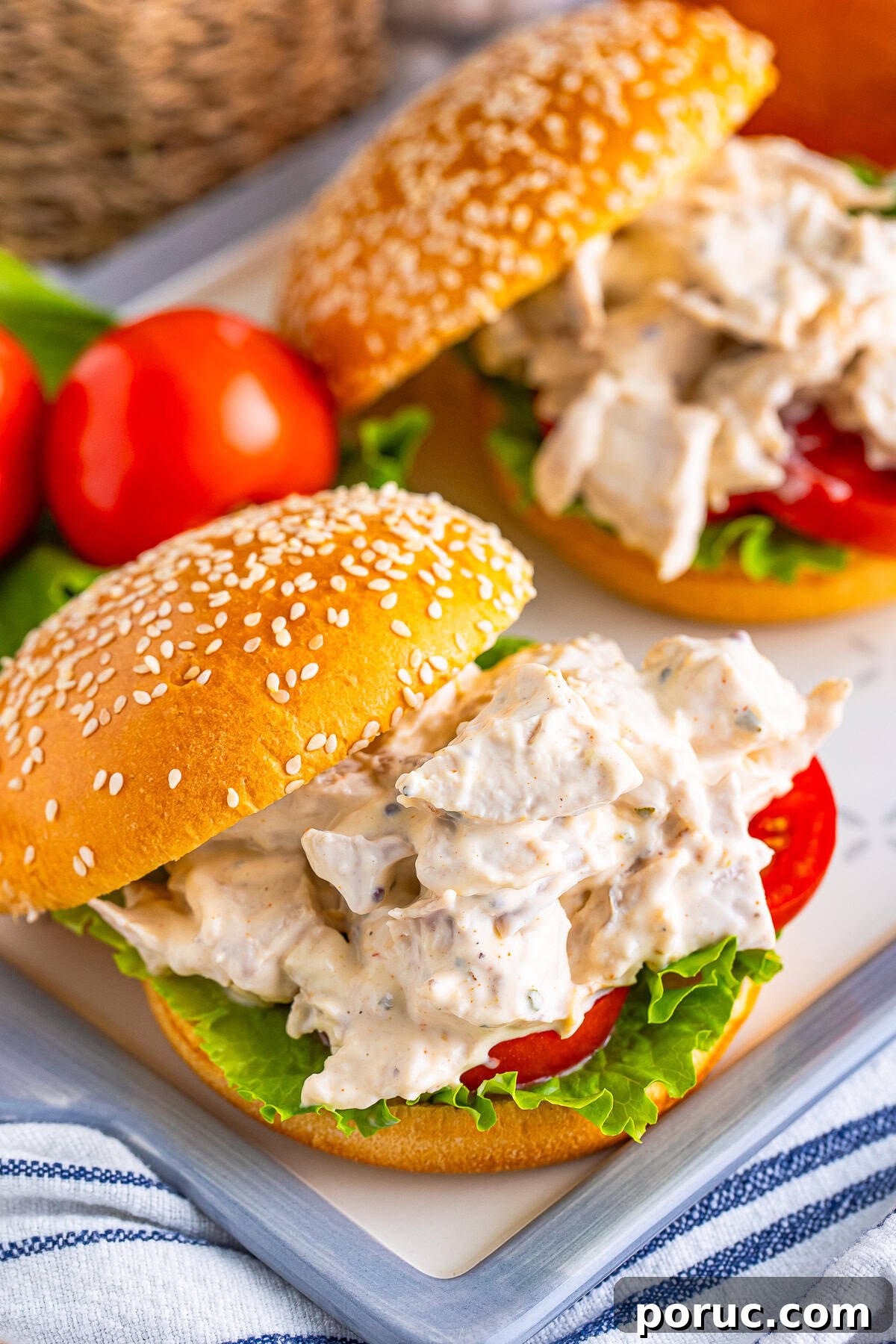 Quick Rotisserie Chicken Salad with Creamy Lemon Dijon Dressing 2 open faced Rotisserie Chicken Salad on bread with lettuce and tomato