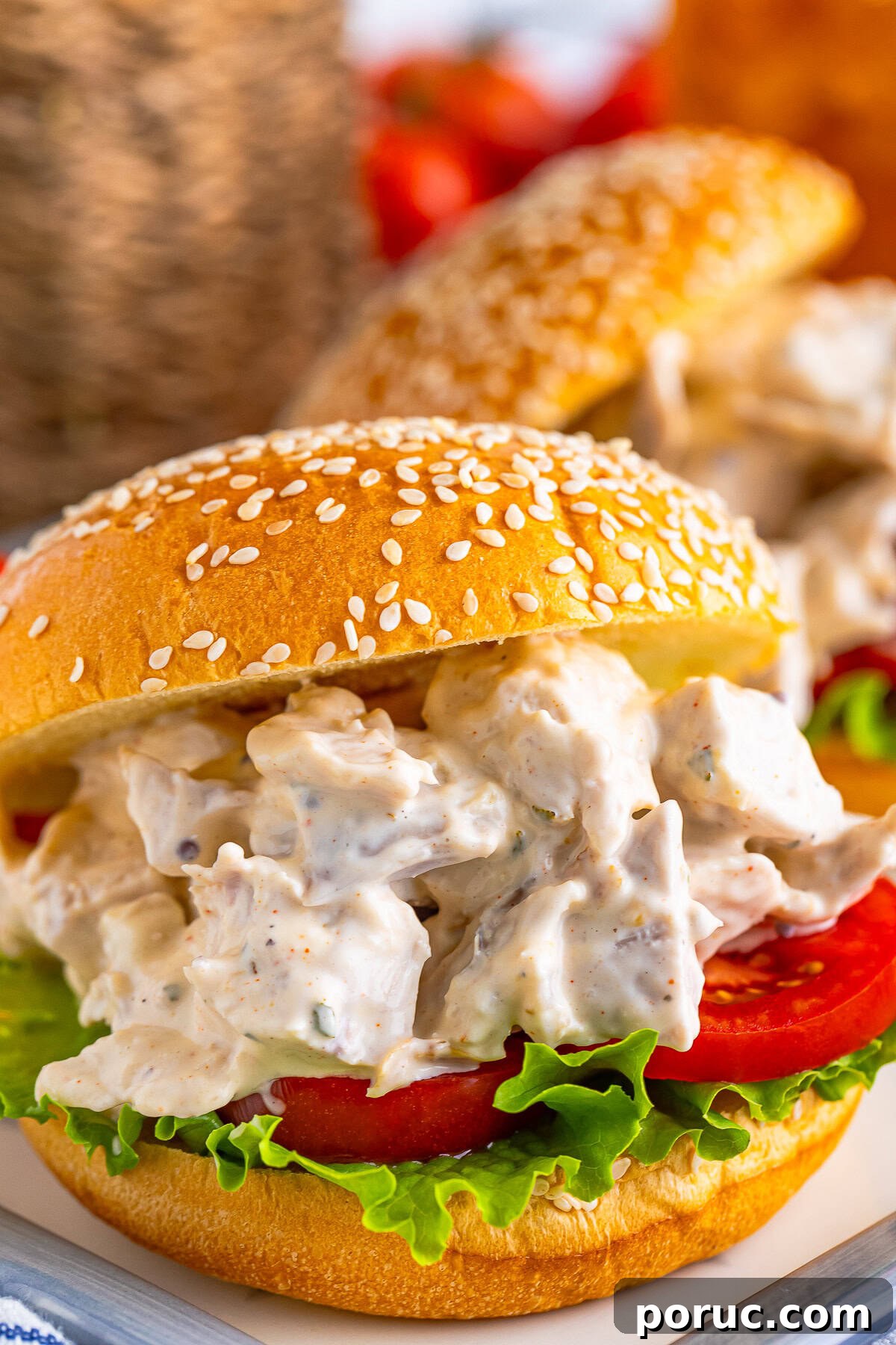 Quick Rotisserie Chicken Salad with Creamy Lemon Dijon Dressing 5 up close image of Rotisserie Chicken Salad on a bun