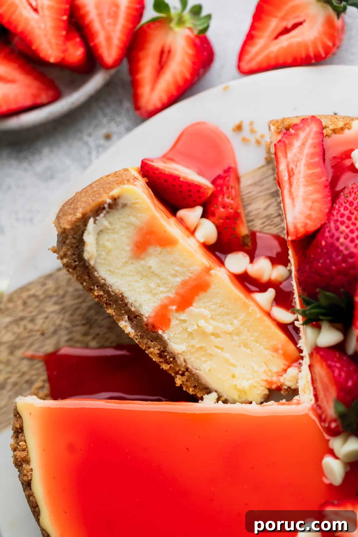 1 slice of strawberry white chocolate cheesecake on its side.