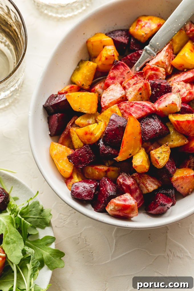 Crispy Air Fryer Roasted Beets: Quick Oven-Free Recipe 2 Up close view of air fryer beets in a white bowl.