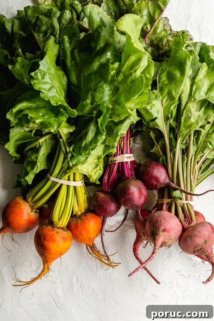 Crispy Air Fryer Roasted Beets: Quick Oven-Free Recipe 3 Three different varieties of beet bunches arranged on a white surface - red beets, golden beets and candy cane beets.