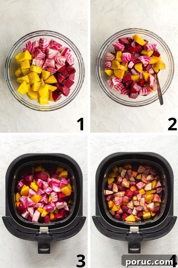 Crispy Air Fryer Roasted Beets: Quick Oven-Free Recipe 5 Collage of 4 images showing how the beet pieces are seasoned in a glass bowl and roasted in the air fryer.