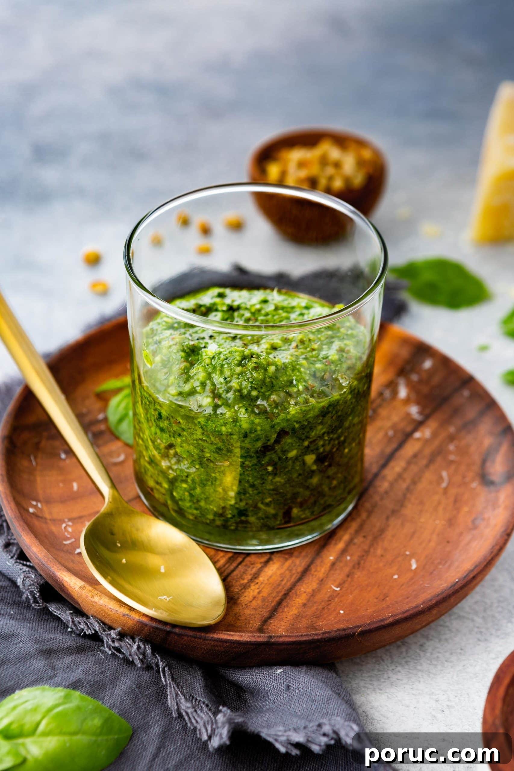 Homemade Classic Basil Pesto Recipe for Pasta & Sandwiches 2 a photo of a jar of homemade pesto sauce on a wooden plate with a gold spoon next to it.