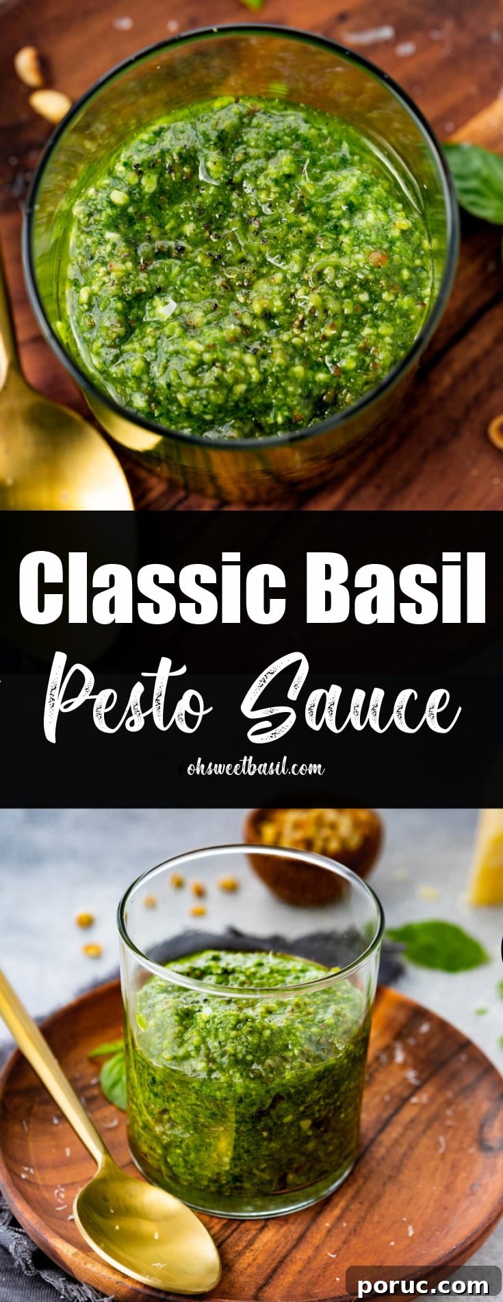 Homemade Classic Basil Pesto Recipe for Pasta & Sandwiches 7 a photo of a jar of homemade pesto sauce on a wooden plate with a gold spoon next to it.