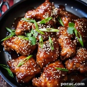 Baked honey sesame chicken in a skillet.