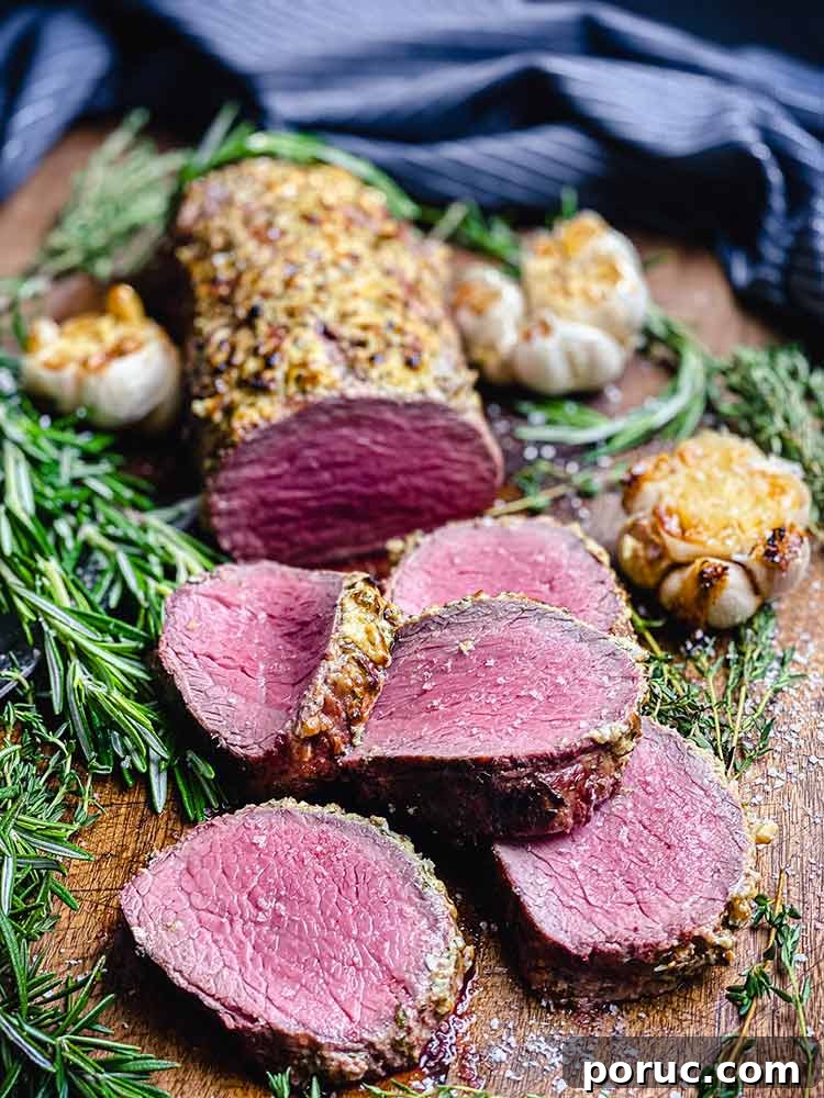 Herb-Crusted Grilled Beef Tenderloin Recipe 3 close up of medium rare medallions perfectly crusted by indirect high heat on a grill