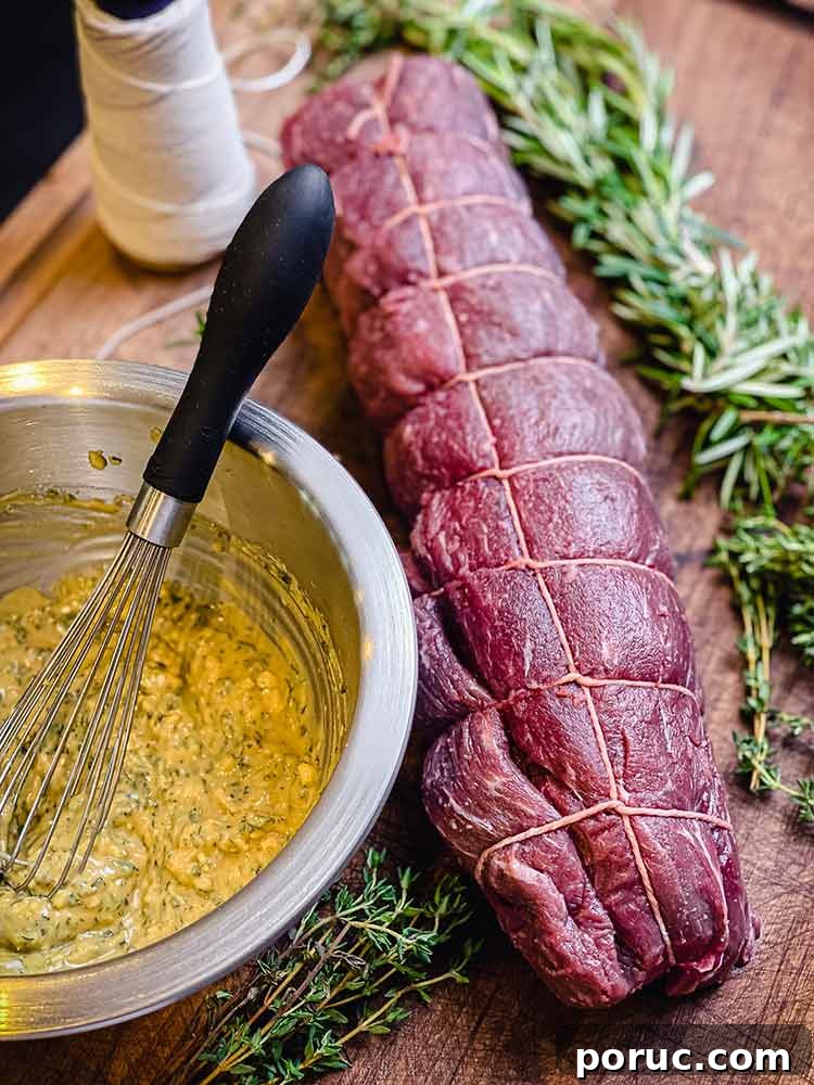 Herb-Crusted Grilled Beef Tenderloin Recipe 5 herb crust ingredients mixed in a metal bowl