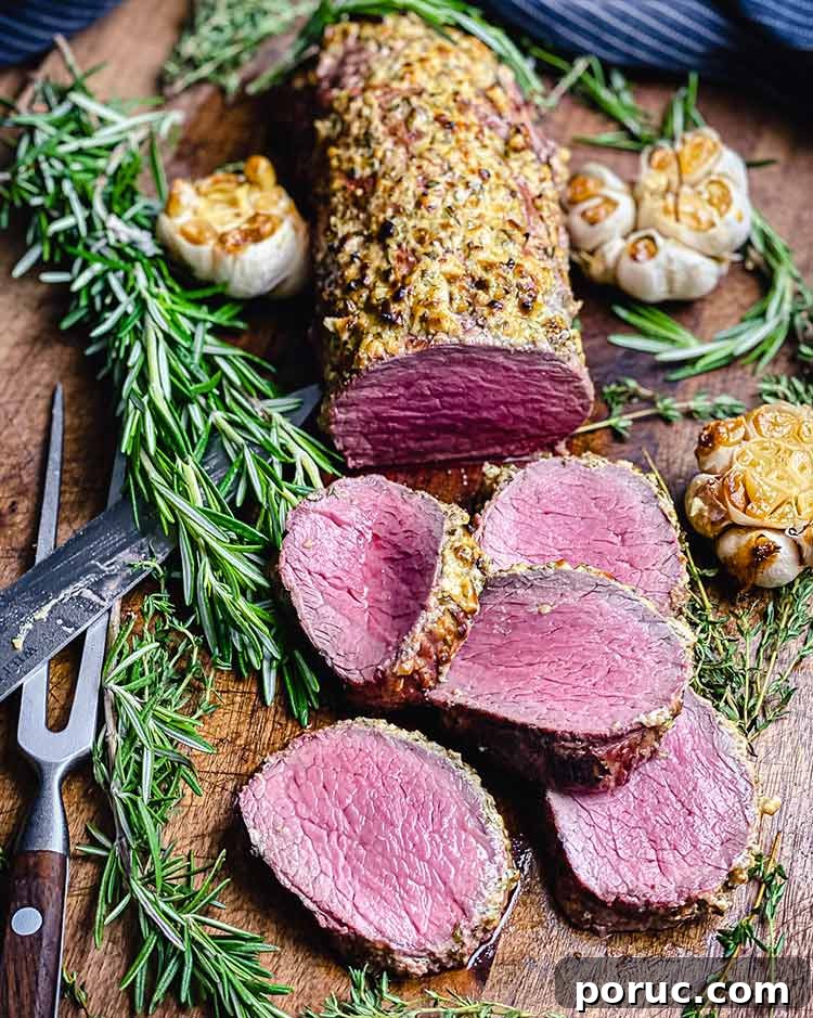 Herb-Crusted Grilled Beef Tenderloin Recipe 9 sliced beef, medium rare and ready to serve