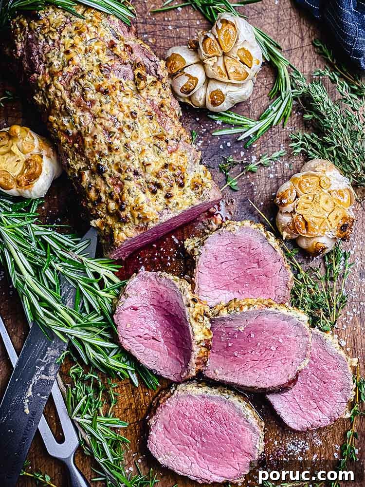 Herb-Crusted Grilled Beef Tenderloin Recipe 10 perfectly grilled and sliced beef tenderloin on a wooden cutting board