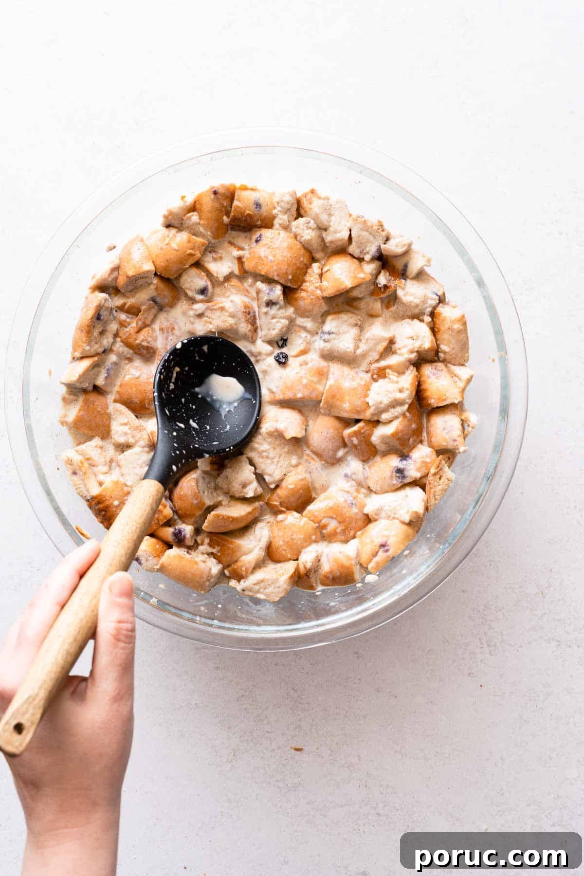 bread pudding mix in bowl after soaking period.