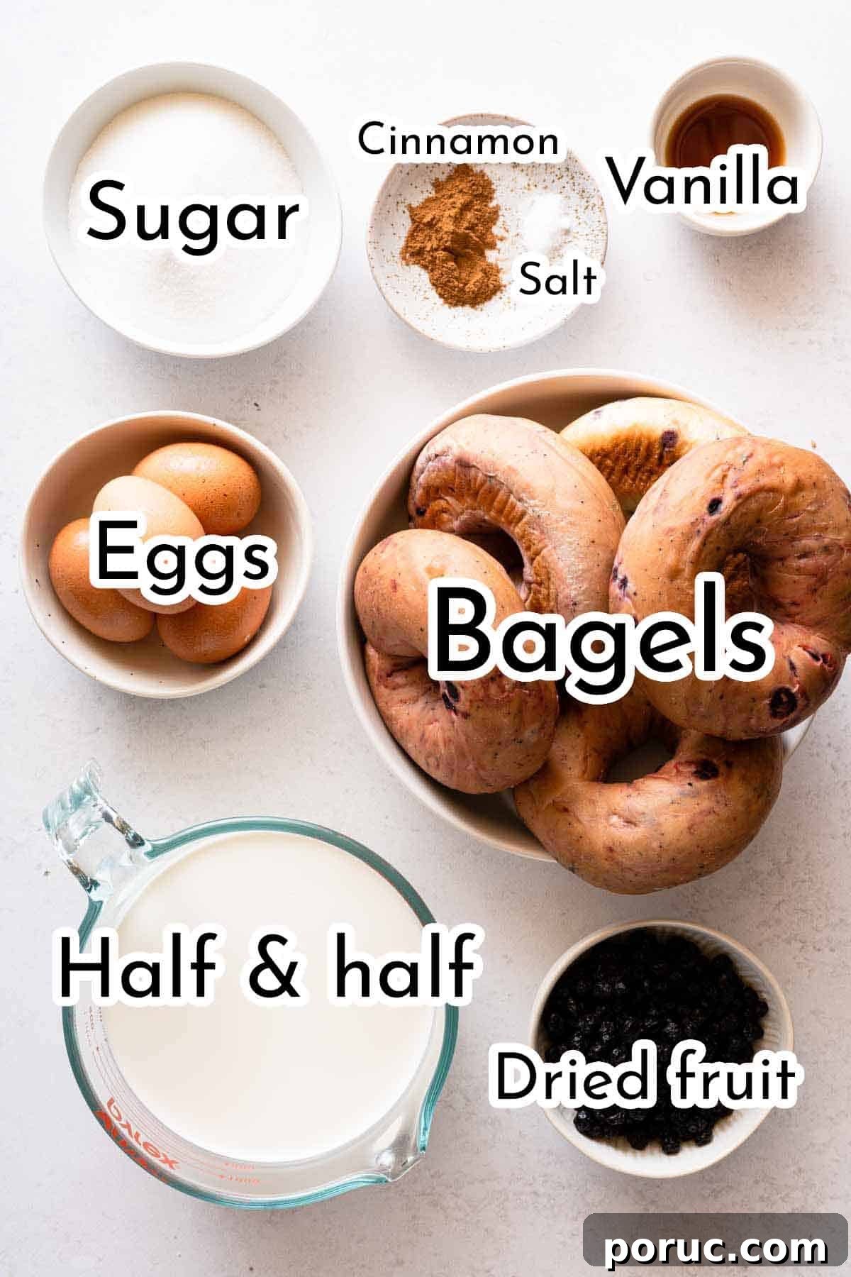 ingredients for bagel bread pudding recipe with text labels.