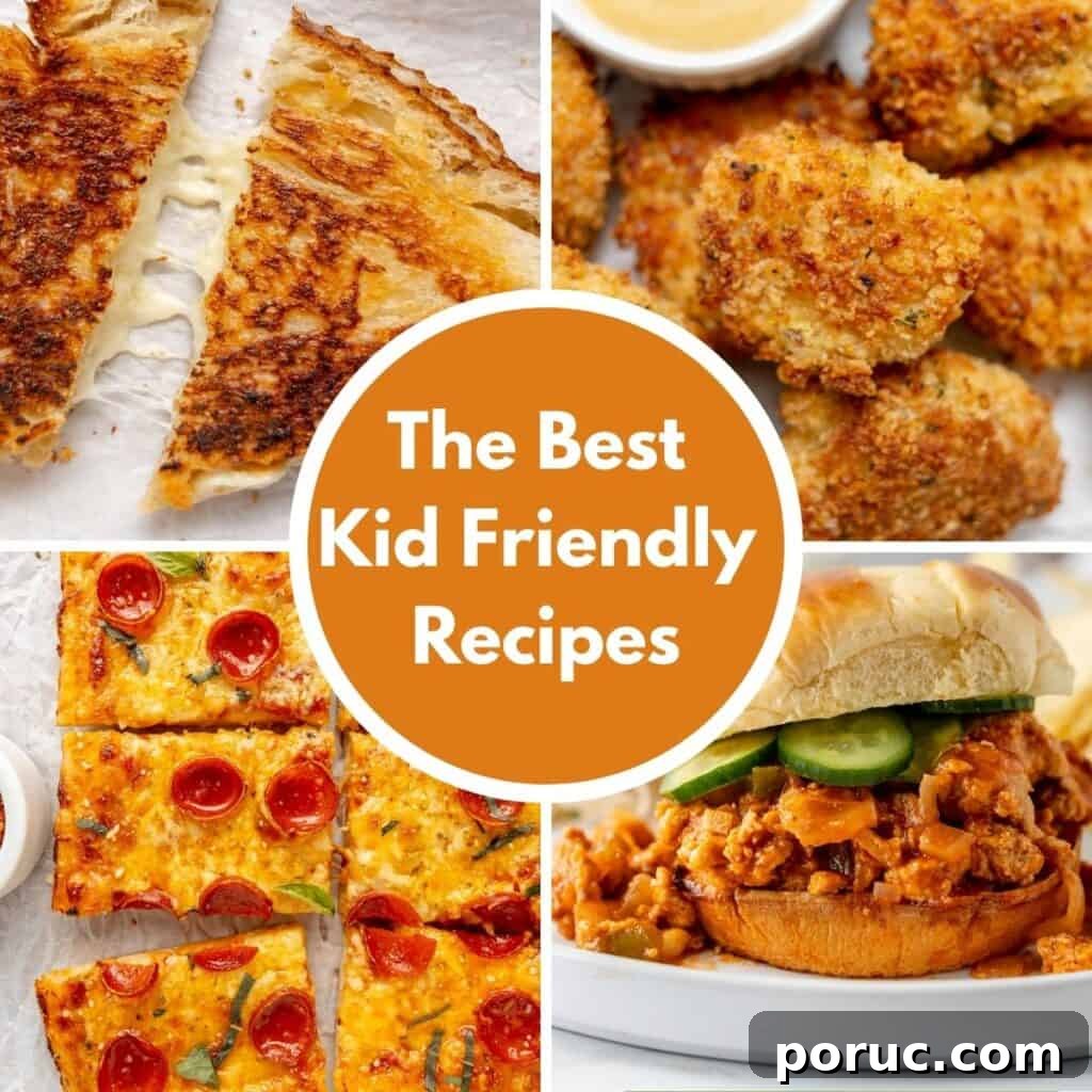 A collage of grilled cheese, breaded chicken bites, pepperoni pizza, and a sloppy joe sandwich with text "The Best Kid Friendly Dinner Recipes" in the center.