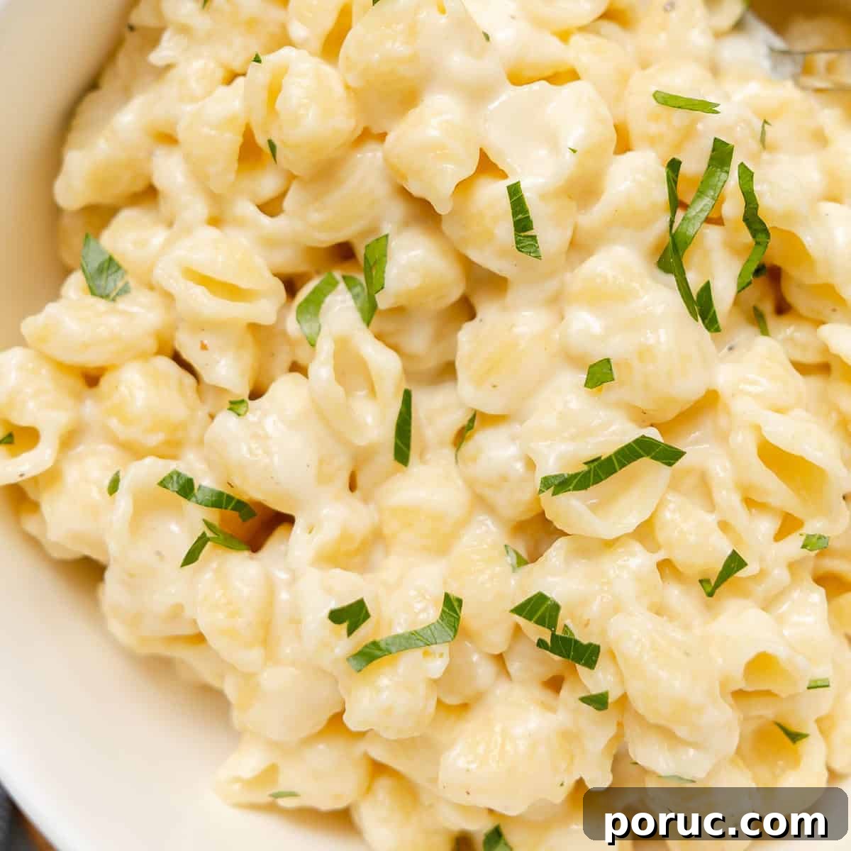 Close-up of creamy macaroni and cheese made with shell pasta, topped with chopped fresh herbs in a white bowl.