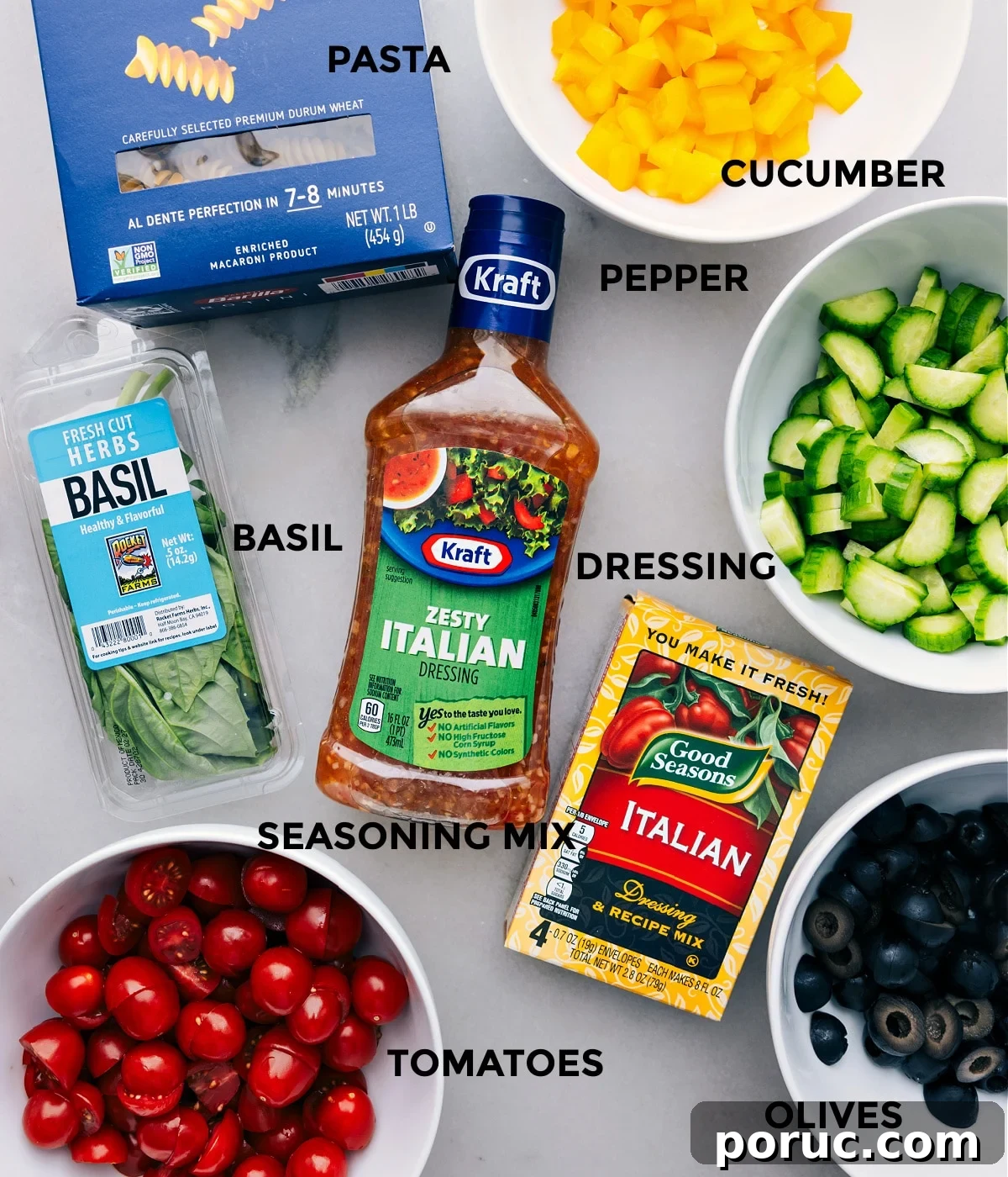 The Best Pasta Salad All the ingredients in this recipe prepped out for easy assembly.