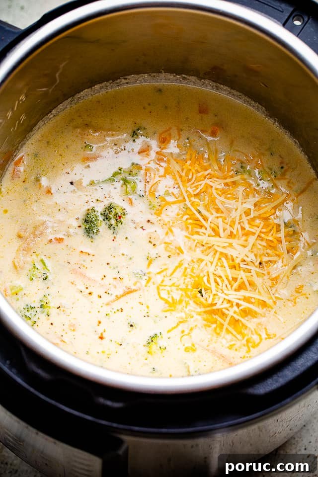 Broccoli Cheese Chicken Soup inside an Instant Pot.