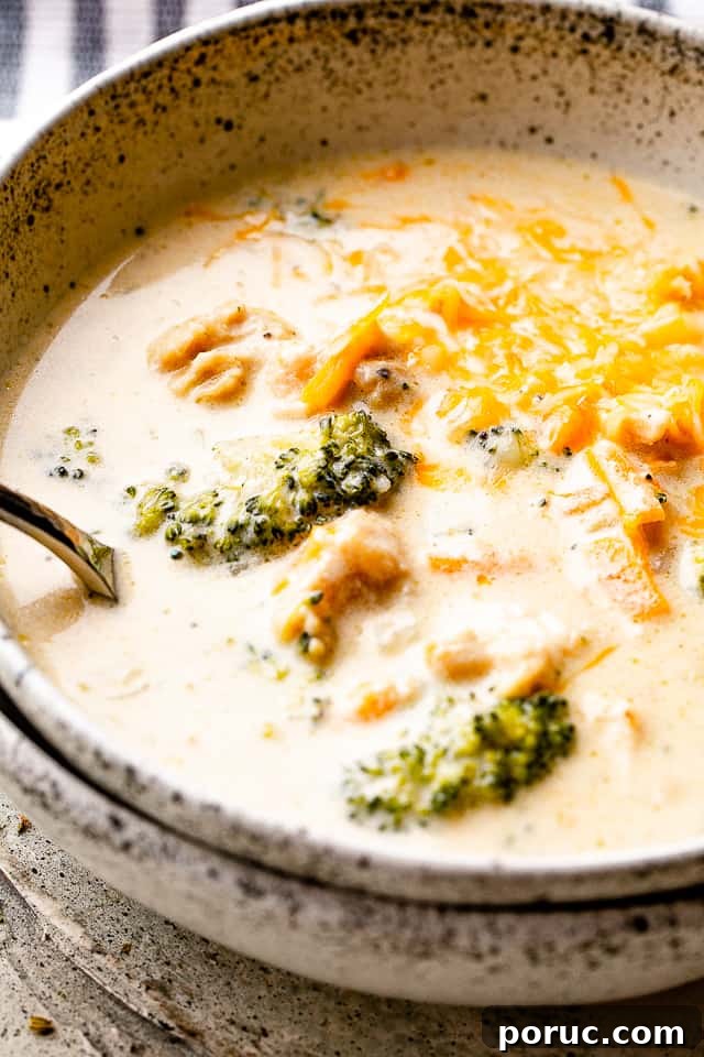 broccoli cheese soup with chicken in a bowl.