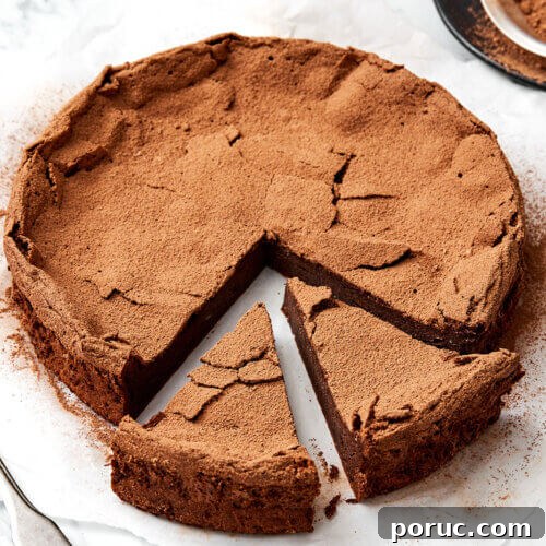 Sliced flourless chocolate cake.