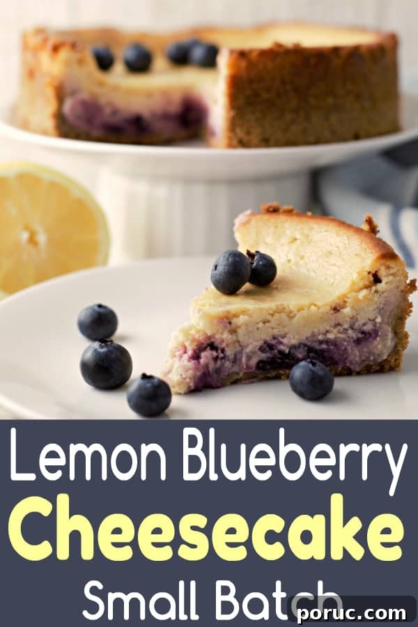 Lemon Blueberry Cheesecake Recipe: Creamy No-Bake Dessert 2 Mini Blueberry Swirl Cheesecake on a cake plate and one slice on a plate.